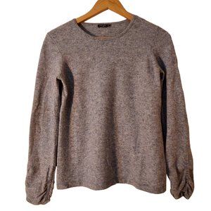 J. McLaughlin 100% Cashmere Ruched Velvet Trim Sleeve Sweater M minimalist gray